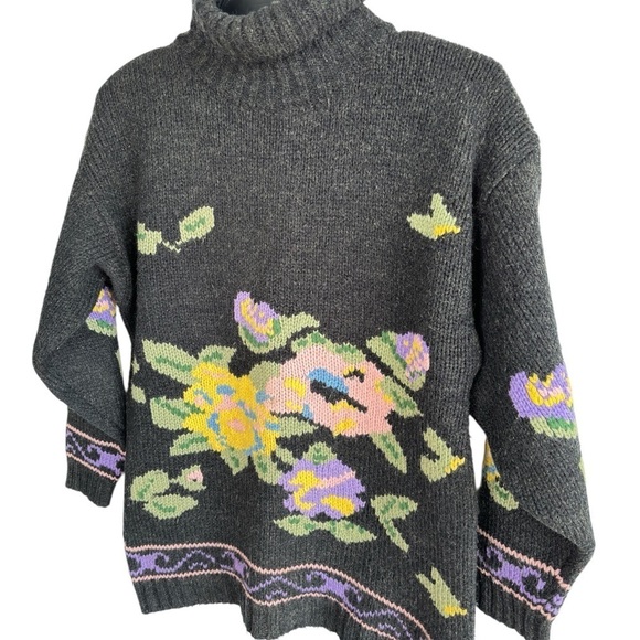 VTG Interim Turtleneck Sweater Abstract Floral Artsy 90s Women Large Cottagecore - Picture 3 of 12
